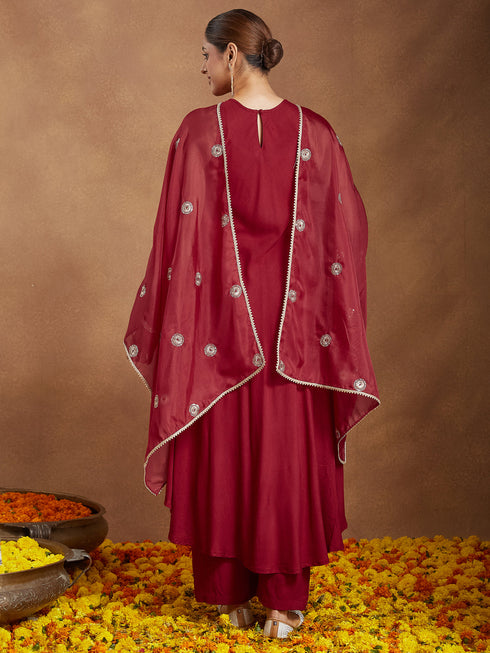 Janasya Women's Maroon Rayon Embellished A-line Flared Kurta Set